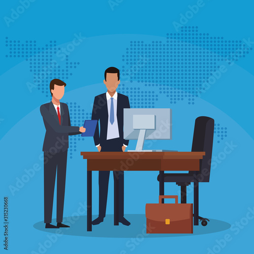 businessmen with folder desk computer chair suitcase work office success business