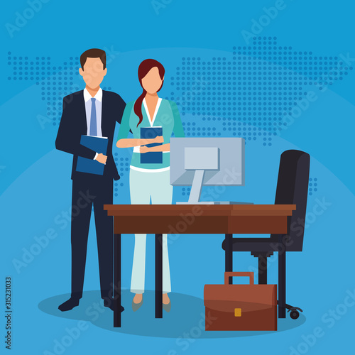 businessman businesswoman office desk computer suitcase success start up business