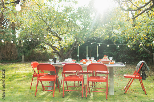 Garden party table and string lights in sunny backyard photo