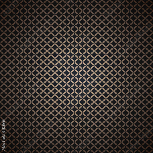 Abstract background with small geometric pattern in black and gold and gradient, darkening to the edges of the image. Vector illustration