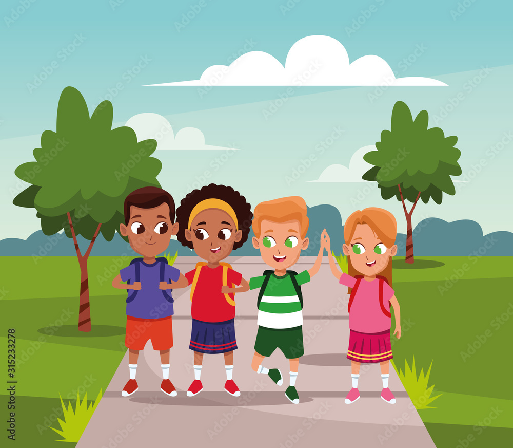 Happy boys and girls walking in the park Happy boys and girls walking in the park