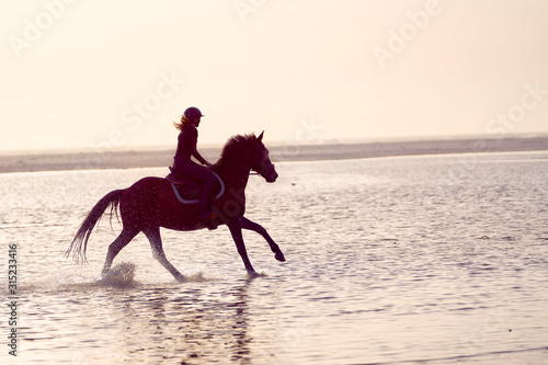 Young woman galloping on horseback in ocean surf photo
