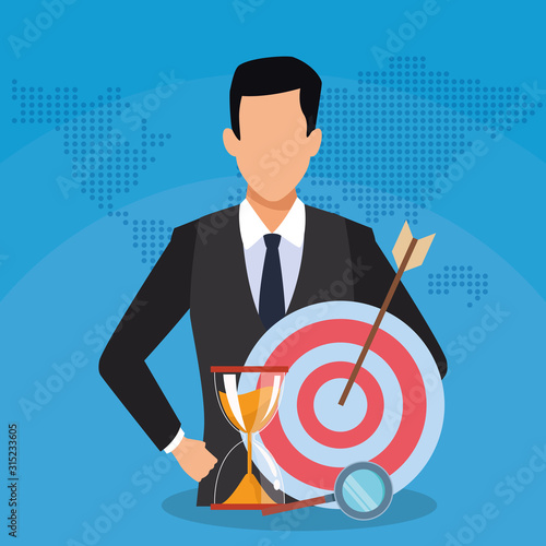 businessman target hourglass magnifier success start up business