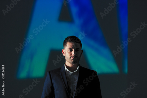 Double exposure portrait confident businessman against AI text
