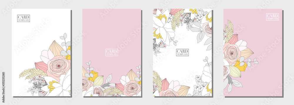 Fototapeta premium set of card template with pastel flowers bouquet on white and pink background