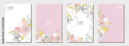 set of card template with pastel flowers bouquet on white and pink background