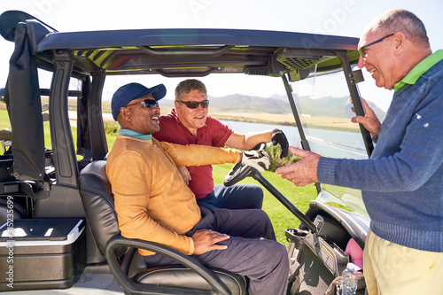 Male golfers talking at sunny golf cart photo