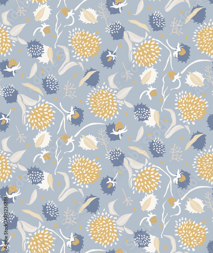 French shabby chic floral vector texture background. Dainty flower in blue yellow on off white seamless pattern. Hand drawn floral interior home decor swatch. Classic farmhouse style all over print