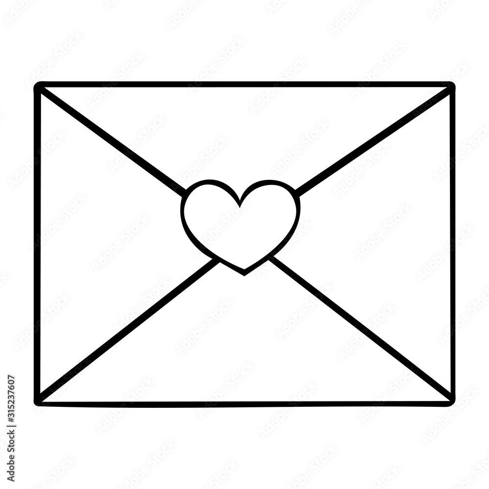 A love letter with a stamp in the shape of a heart. The outline of the message on an isolated background. Vector. Idea for a book, magazine. Coloring book for children and adults. Valentine day. A love letter with a stamp in the shape of a heart. The outline of the message on an isolated background. Vector. Idea for a book, magazine. Coloring book for children and adults. Valentine day.