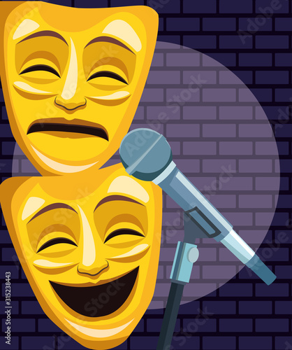 theatrical masks microphone wall brick stand up comedy show