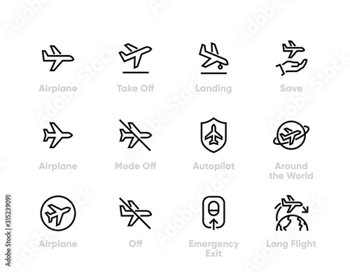 Plane Flight vector icons. Airplane, Aircraft, Landing, Autopilot, Long Flight. Editable line