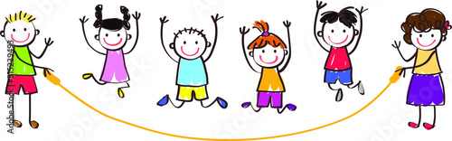 group of smiling children jumping rope