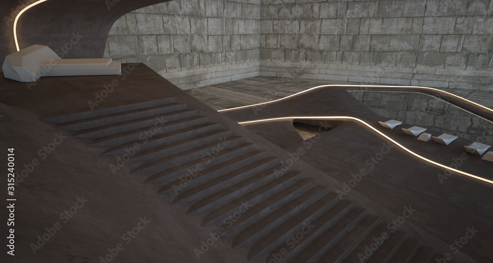 Fototapeta premium Abstract architectural concrete smooth interior of a minimalist house with swimming pool and neon lighting. 3D illustration and rendering.