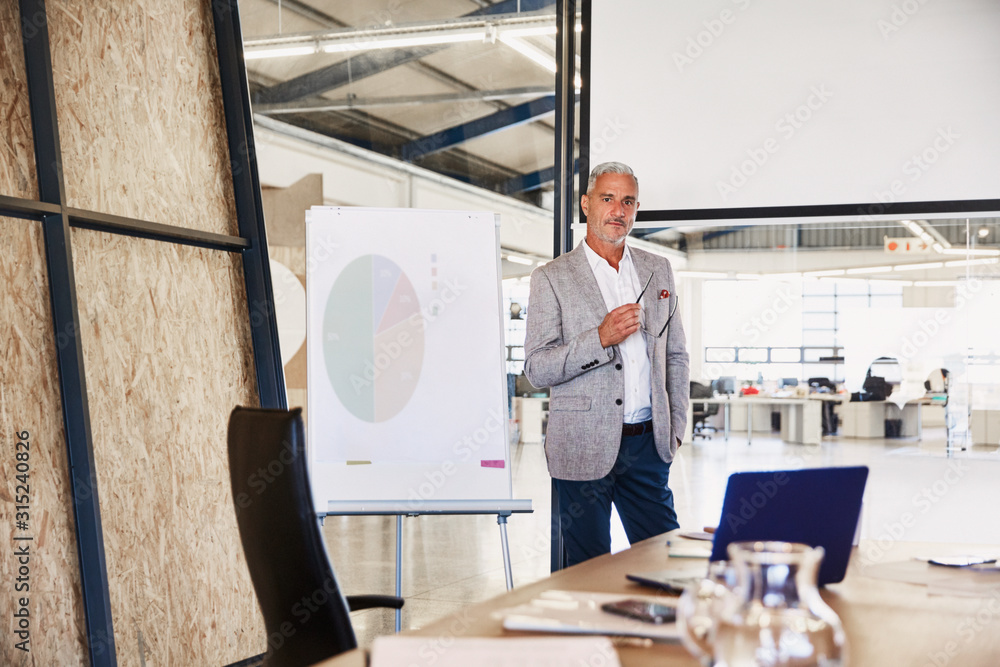 Portrait confident businessman at flipchart in conference room Portrait confident businessman at flipchart in conference room