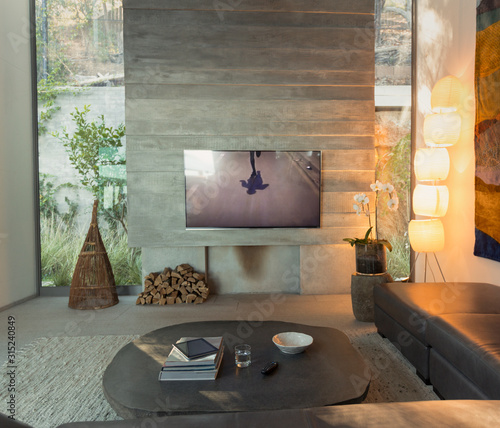 Television in modern, luxury home showcase interior living room