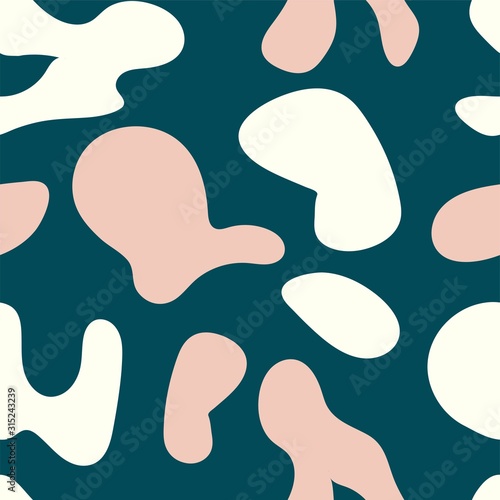 Memphis abstract shapes vector seamless surface pattern design. Green, pink, and cream