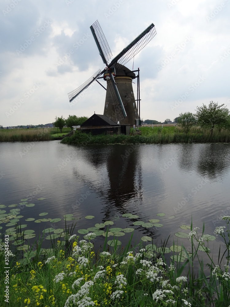 Windmill with water reflection in Amsterdam