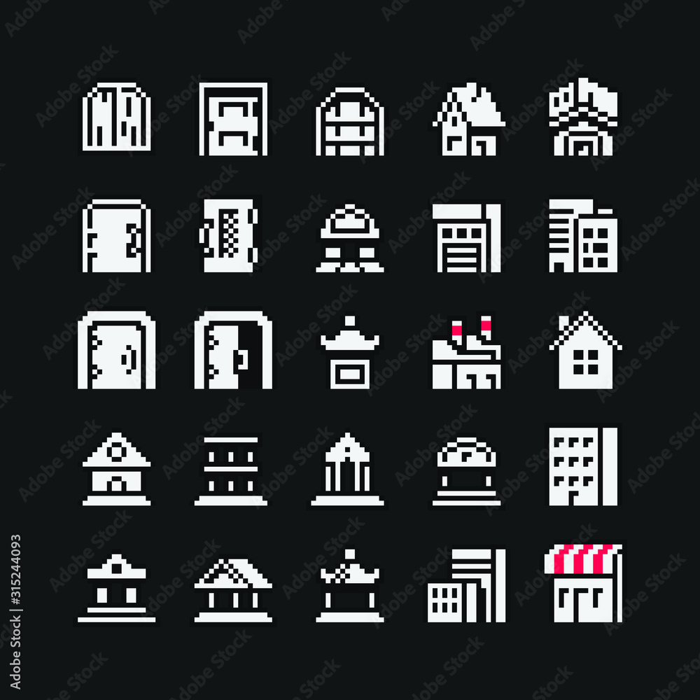 1 bit doors town houses pixel art icons. Design for logo game, sticker, web, mobile app, badges and patches. Isolated vector illustration. Game assets.