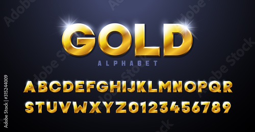 Naklejka Gold Alphabet. Golden font 3d effect typography elements based on casinos, games, award and winning related subjects. Mettalic luxury and premium three dimensional typeface