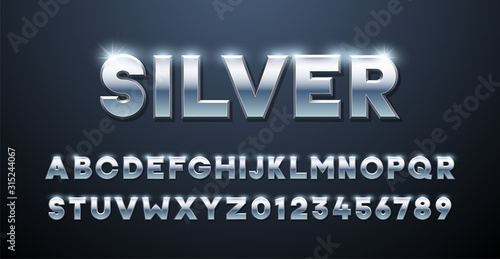 Silver Alphabet. Metallic font 3d effect typographic elements. Mettalic stainless steel three dimensional typeface effect