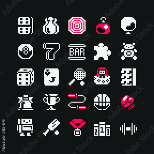 1 bit desk games sport and toys icons. Design for logo game, sticker, web, mobile app, badges and patches. Isolated pixel art vector illustration. Game assets.