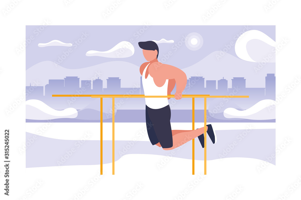 man up hanging on horizontal bar, outdoor or gym sport