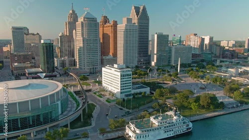 Aerial: Downtown Detroit and the Detroit River. Detroit, Michigan, USA photo