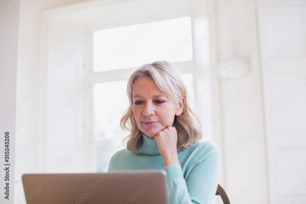 Focused mature female freelancer working at laptop at home Focused mature female freelancer working at laptop at home