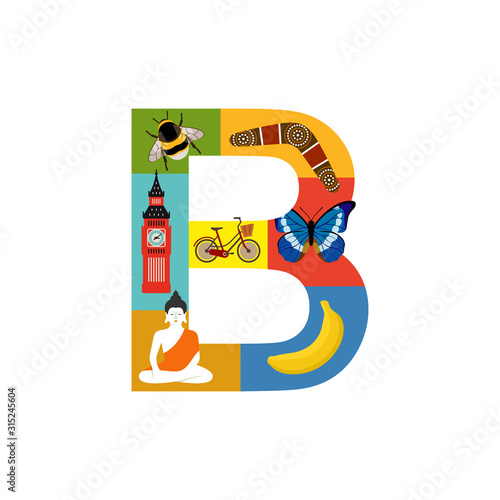 Letter B learning poster for kids. Alphabet and English language learning for preschool and primary school education. 