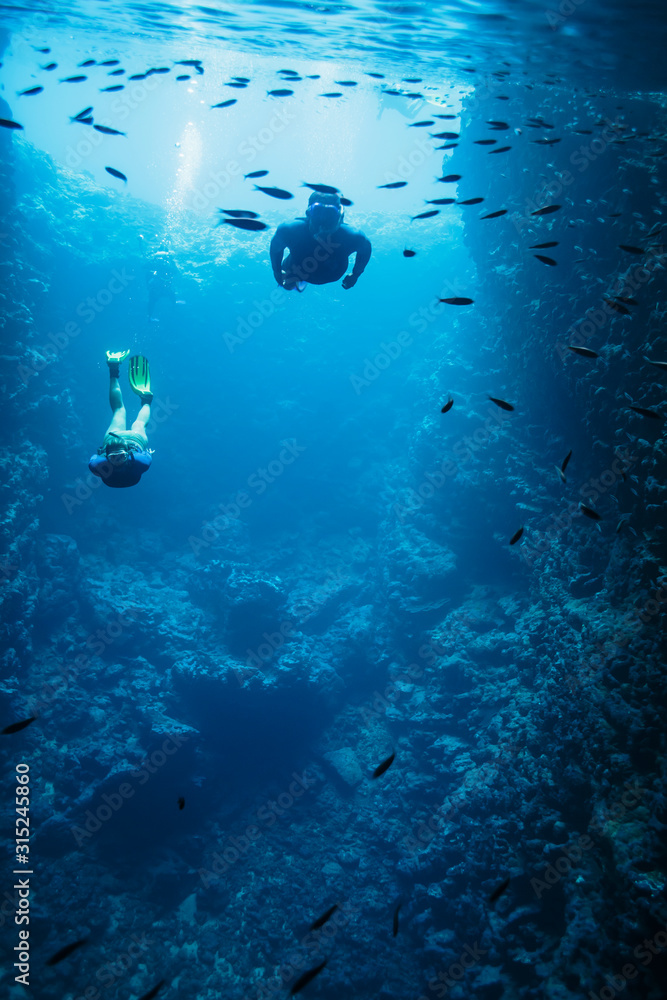 Man and woman snorkeling underwater among fish, Vava'u, Tonga, Pacific Ocean Man and woman snorkeling underwater among fish, Vava'u, Tonga, Pacific Ocean