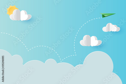 Paper plane flying on blue sky landing page template background.Paper art of business concept vector illustration.