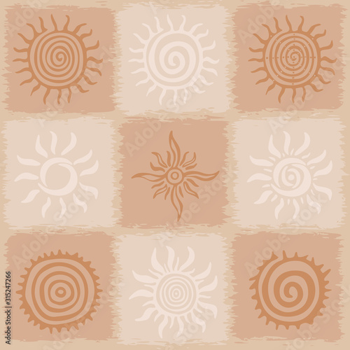 Vintage background, sun symbols in ethnic style
