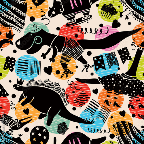 Colorful seamless pattern with cute cartoon dinosaurs.Vector. Design for fabric, print, textile, wrapping paper.