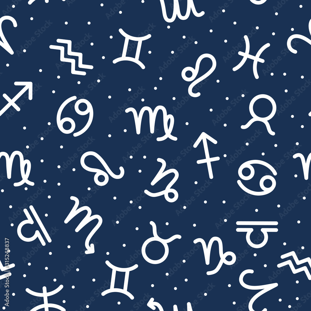 Astrology seamless pattern with white zodiac signs on blue background