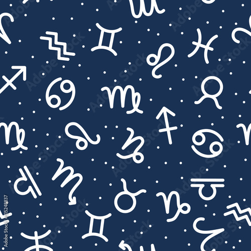 Astrology seamless pattern with white zodiac signs on blue background. Simple flat style background for astrology horoscope predictions. Abstract design of horoscope constellation vector illustration.