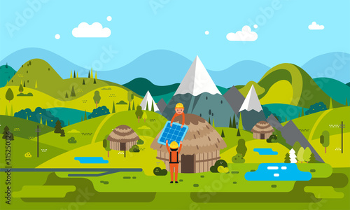 engineer installing solar panel in Honai custom home with mountain landscape as background