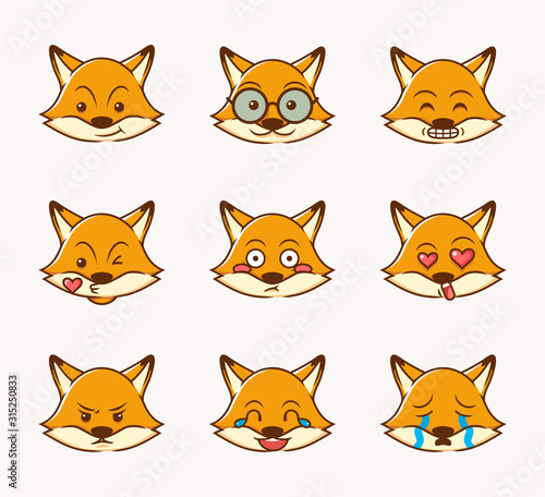 fox facial expression collection, smile, cry, surprised, angry and love with flat design style vector