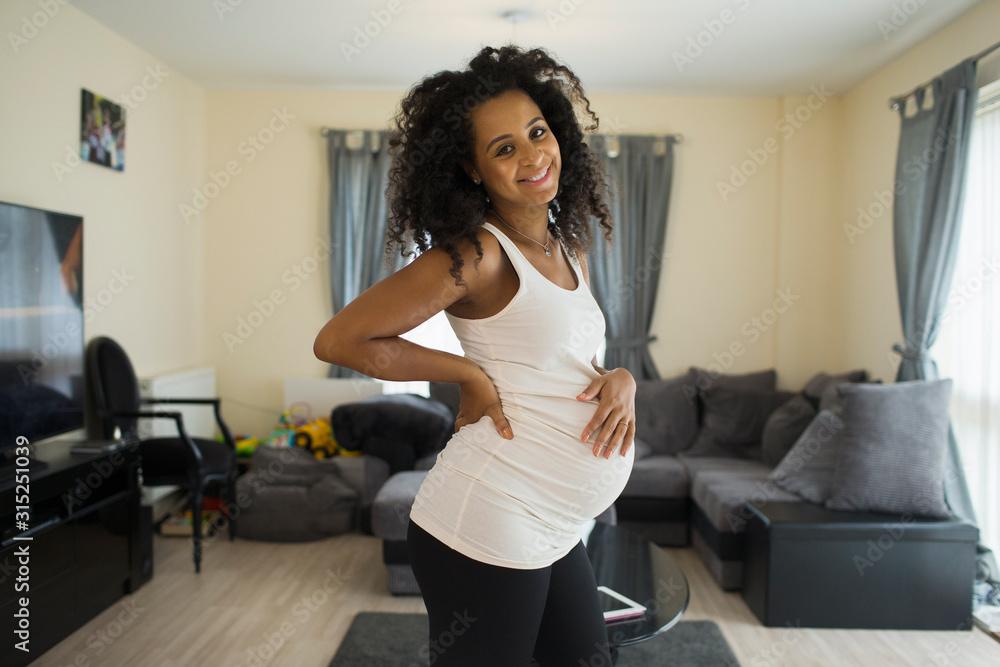 Portrait happy young pregnant woman in living room Portrait happy young pregnant woman in living room