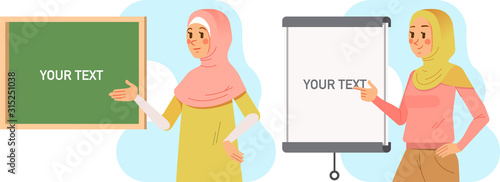 set of Muslim Hijab Teacer presenting the lesson with Board vector illustration