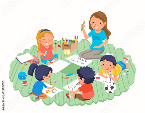 teacher and children drawing while playing in kindergarten and toys around them vector illustration