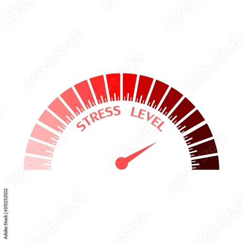 Scale with arrow. Stress level measuring device icon. Sign tachometer, speedometer, indicators. Infographic gauge element.