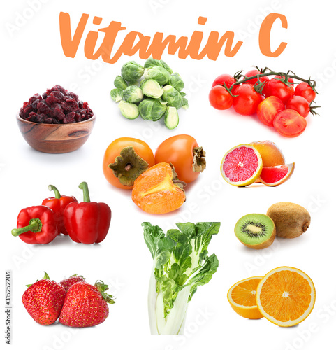 Set of products rich in vitamin C on white background
