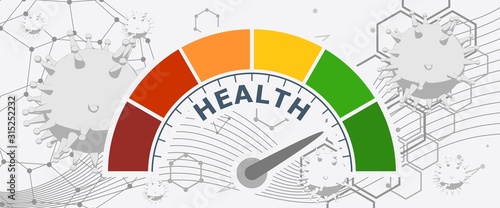 Color scale with arrow from red to green. The health level measuring device icon. Sign tachometer, speedometer, indicators. Colorful infographic gauge element.