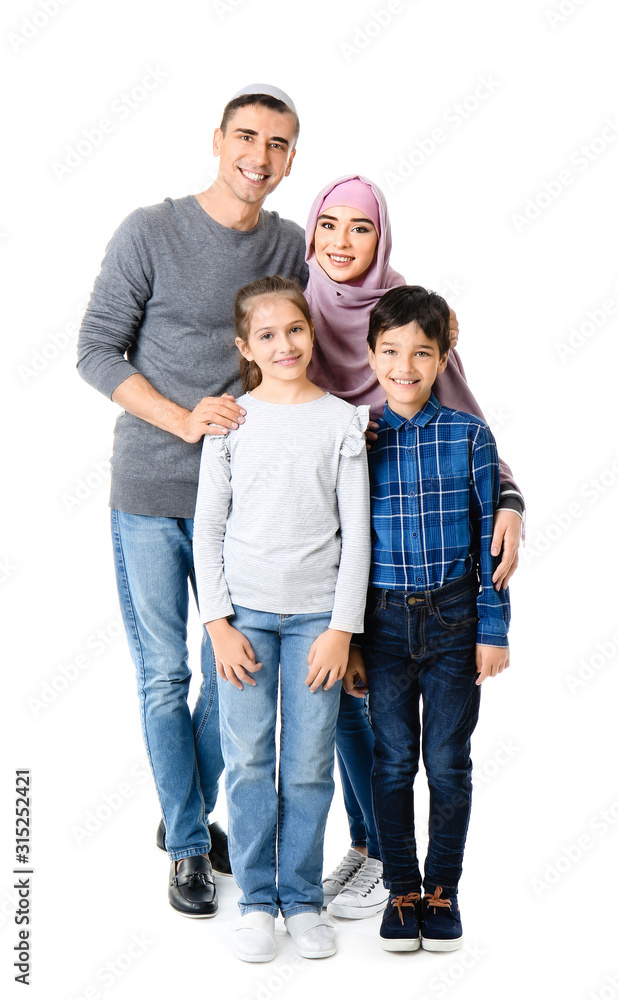 Portrait of Muslim family on white background