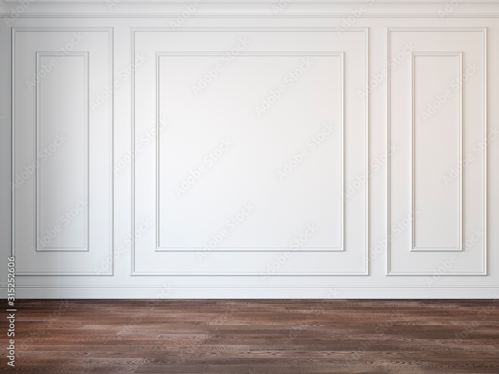 Classic white empty interior with wood floor and wall moldings. 3d render illustration mockup.