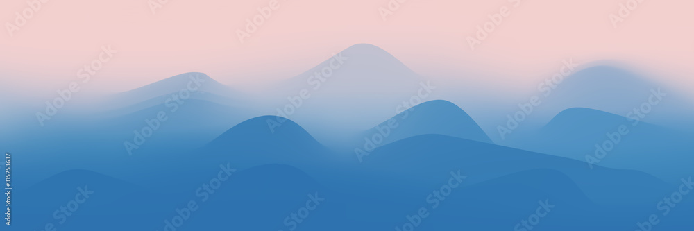 Abstract vector background. Imitation of a mountain landscape, hills in the fog, the color of dawn. Gradient mesh, EPS10.