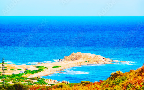 Landscape with Capo Pecora beach at the Mediterranean Sea in Buggerru in South Sardinia of Italy. Scenery Sardinian Italian resort with yellow sand in Sardegna. Mixed media.