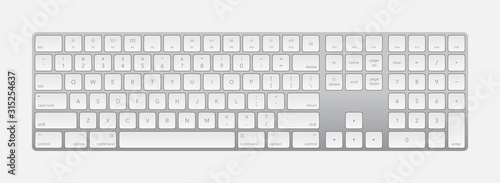 Modern silver laptop bluetooth keyboard isolated on white. Minimalistic keyboard with black buttons. Vector illustration