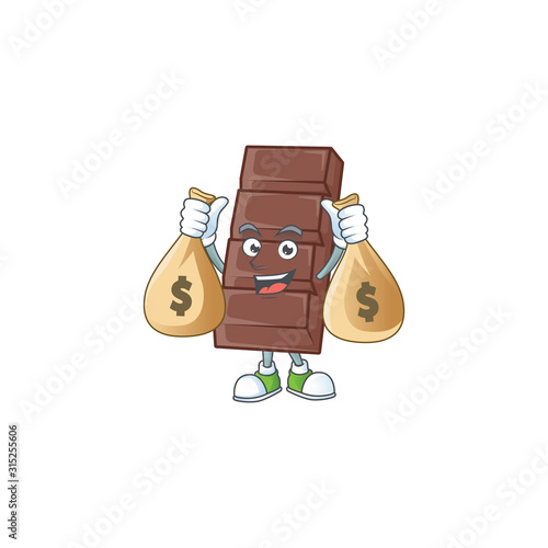 A picture of rich chocolate bar cartoon character with two money bags