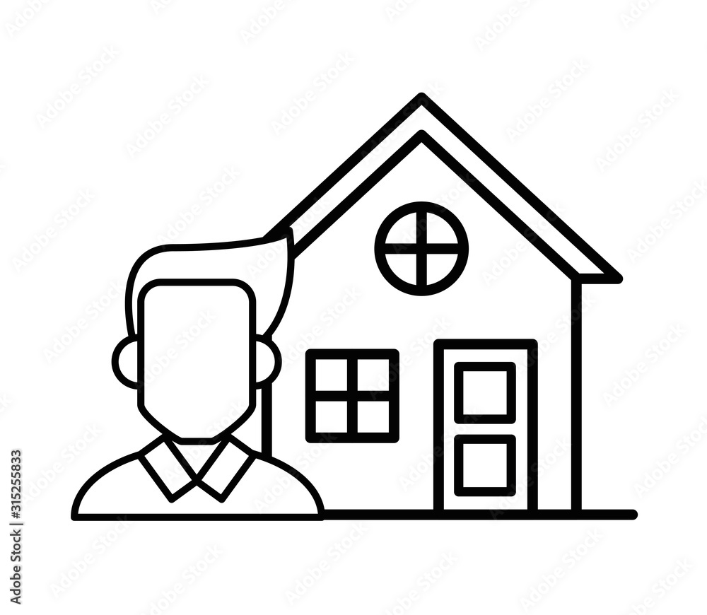 house front facade with man character house front facade with man character